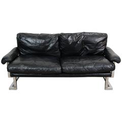 Vintage 1970s Pieff Midcentury Mandarin Sofa in Chrome and Black Leather by Ted Bates