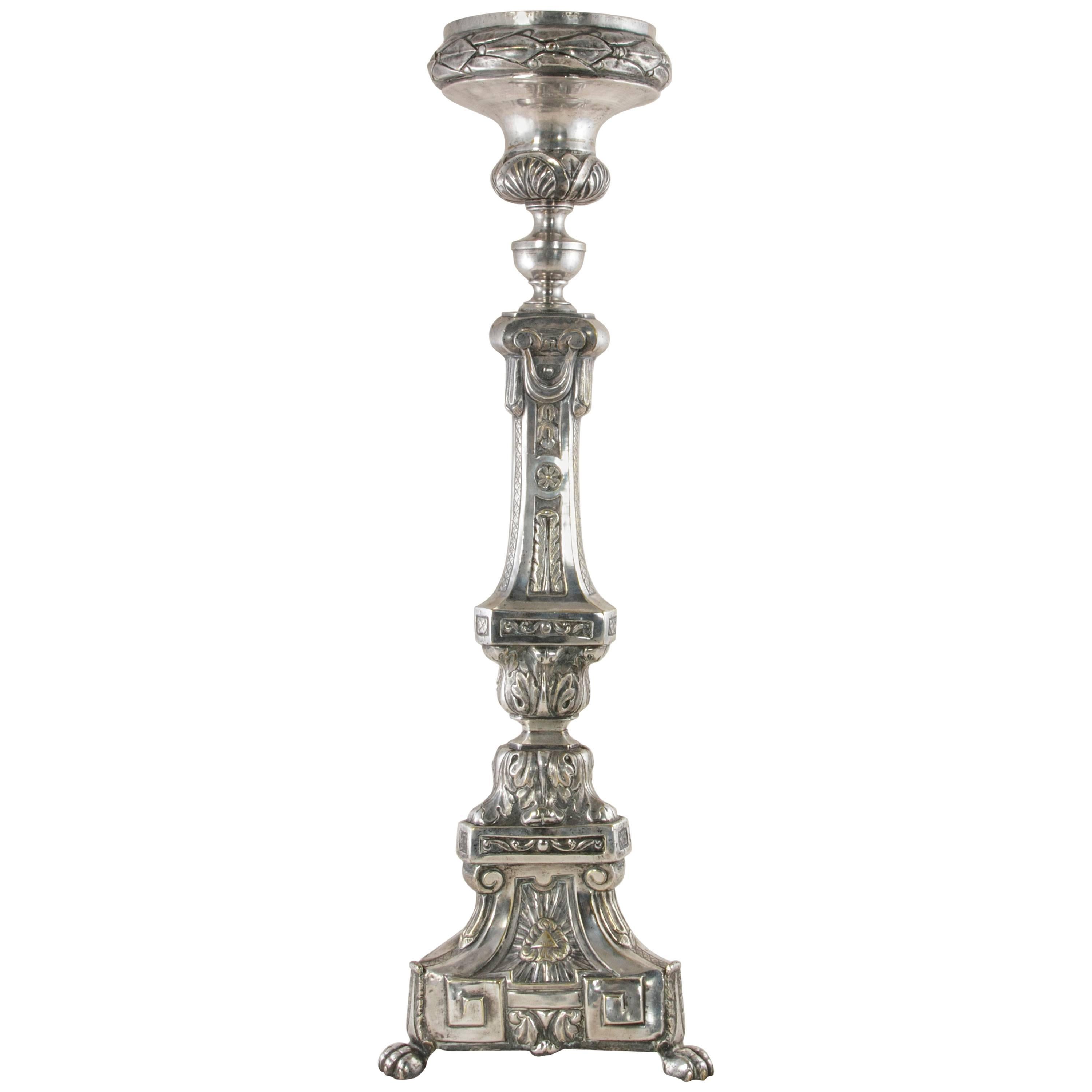 Late 19th Century Very Tall Silver Repousse Pricket, Candlestick, Pic-Cierge