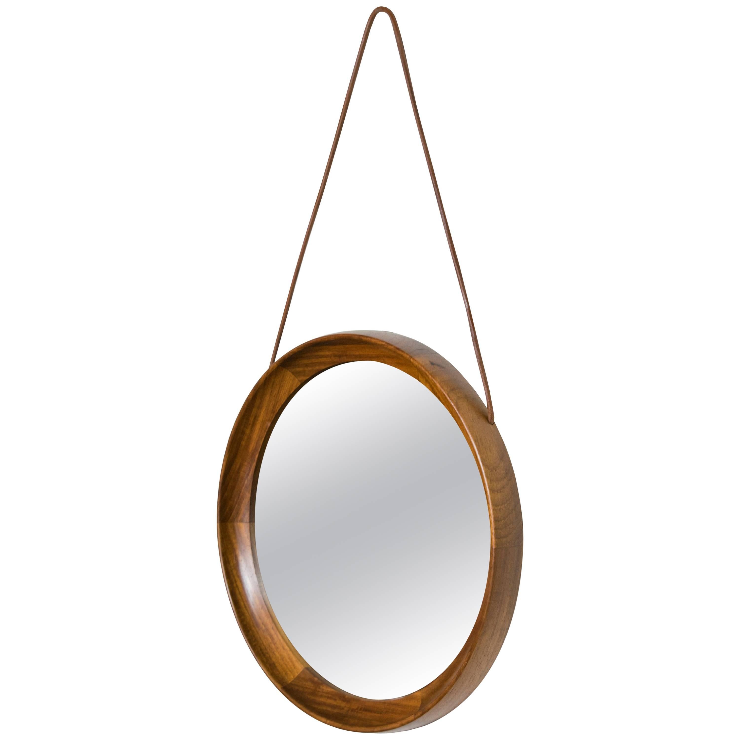 Small Round Vintage Rosewood Mirror with Leather Hanging Strap