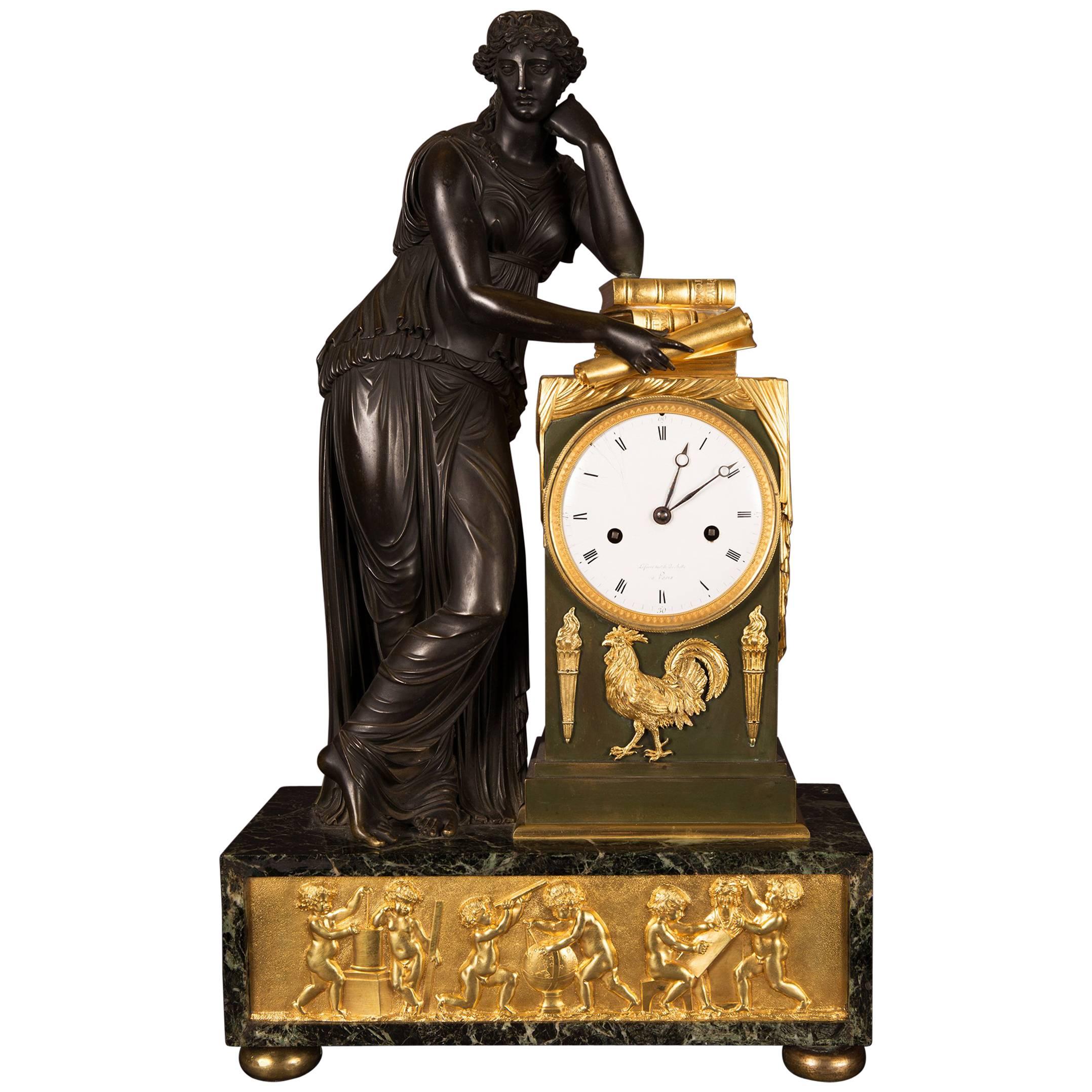 Mantel Clock Bronze Empire Period Representing the Figure of Study, circa 1815 For Sale