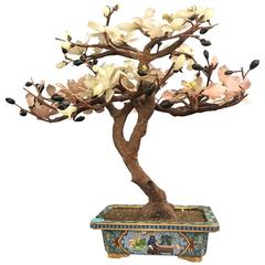 Antique One Large Chinese Hardstone Tree in Chinoiserie Planter