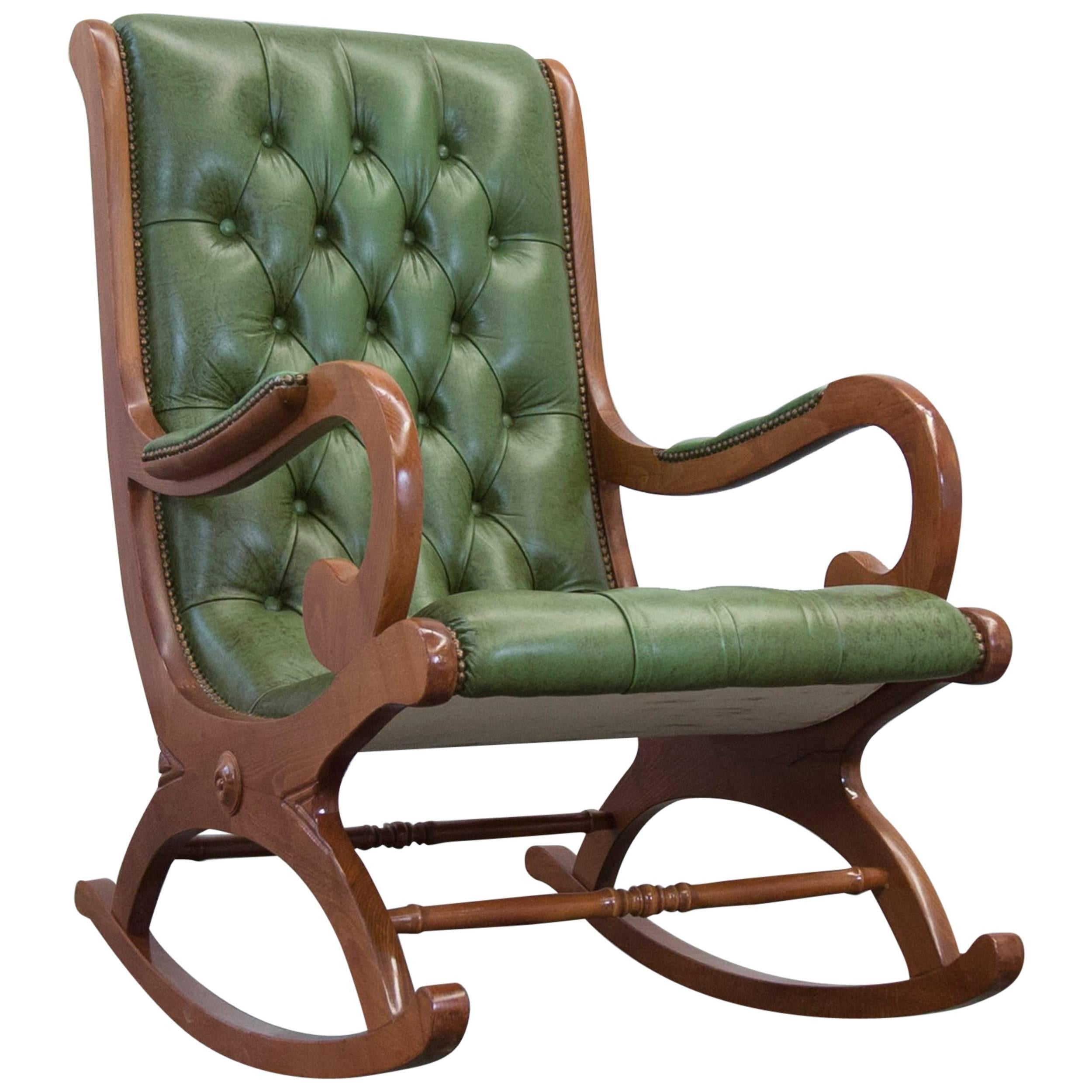 Vintage Chesterfield Rocking Chair in Green Leather