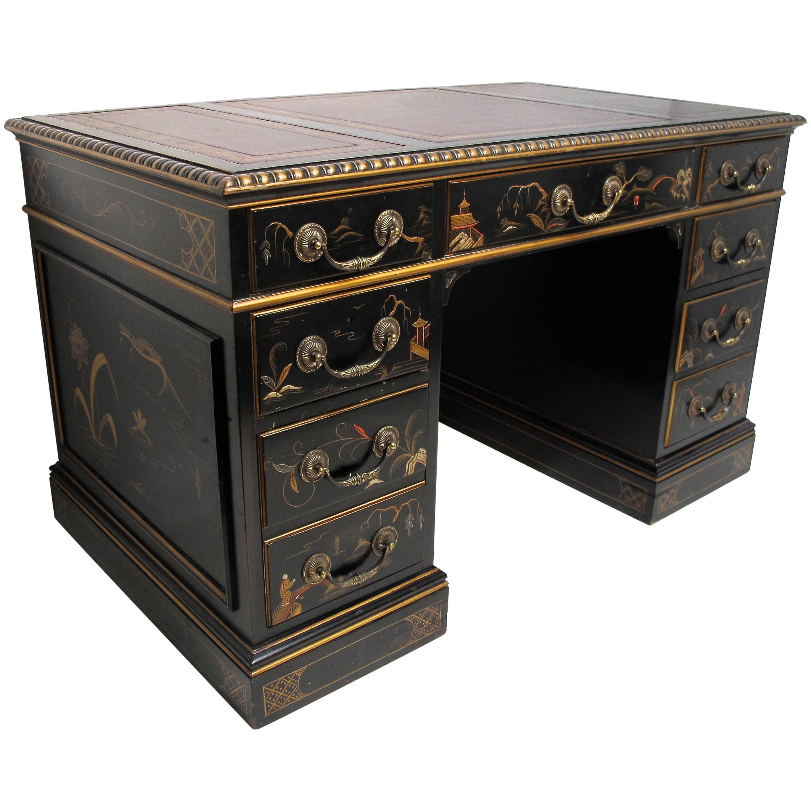 Painted and Chinoiserie Decorated Pedestal Desk, Last Quarter of 20th Century