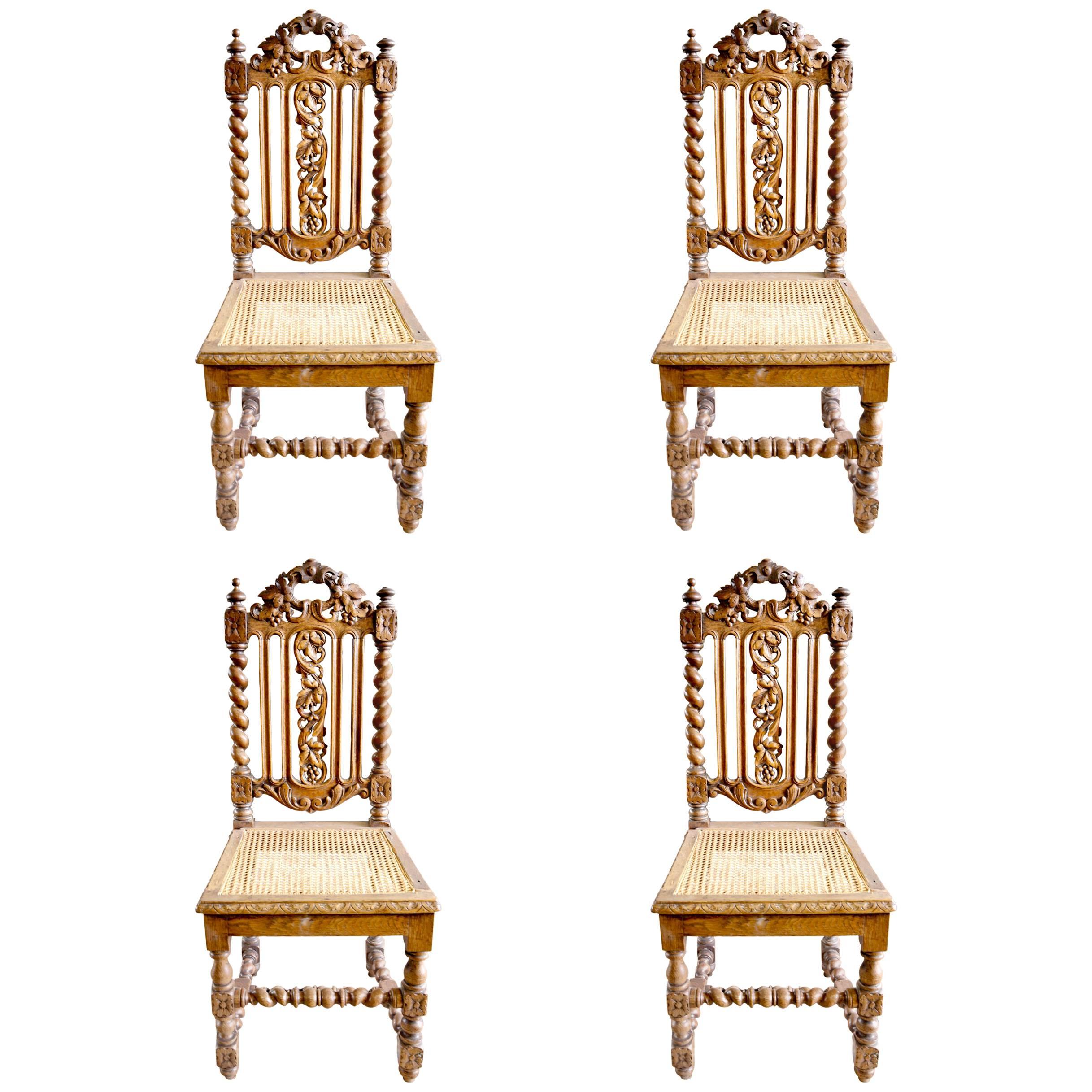 19th Century, French Oak Hand Carved Dining Chairs