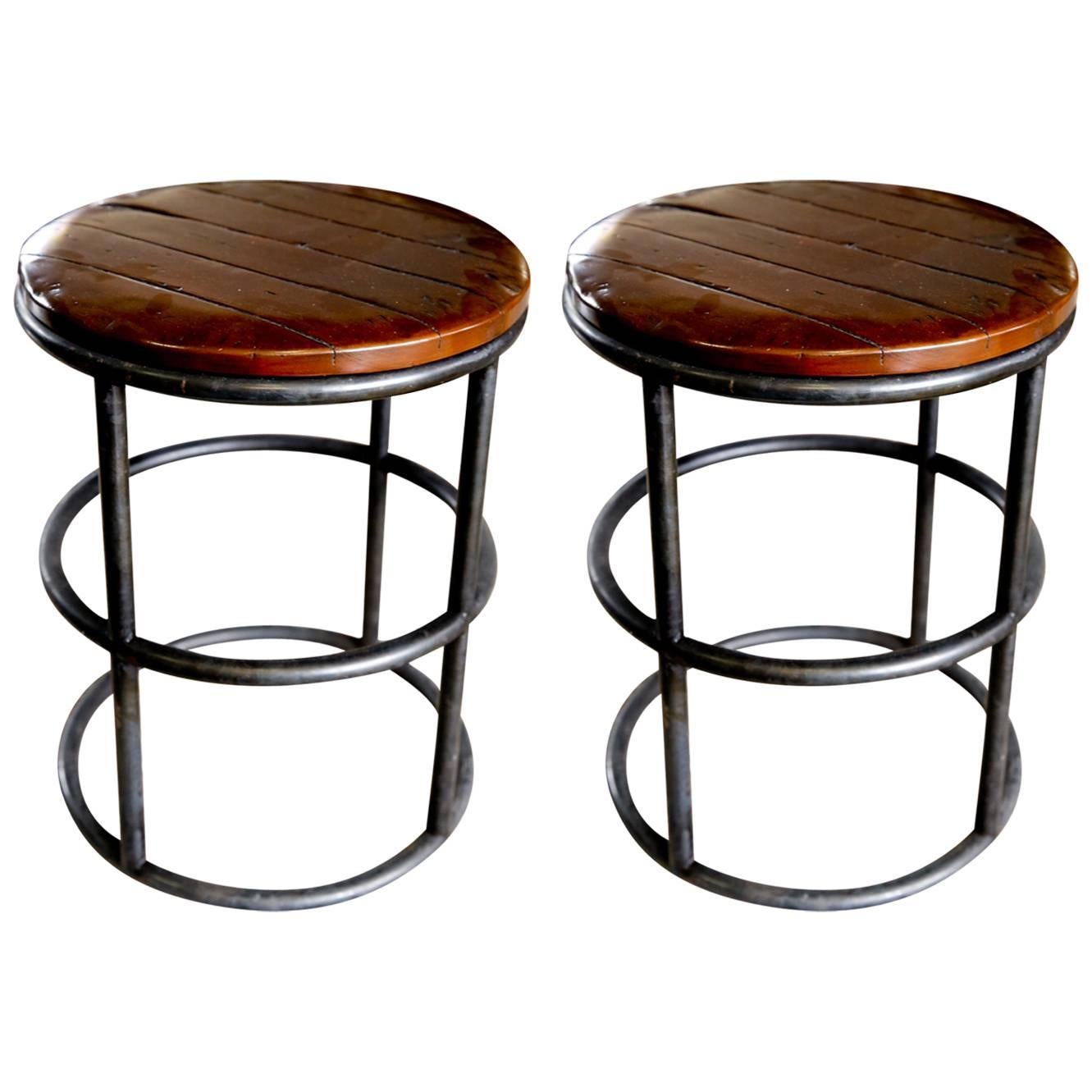 Two Vintage Tubular Metal Stools with Wooden Seats For Sale