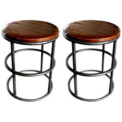 Two Vintage Tubular Metal Stools with Wooden Seats