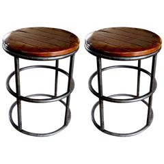 Two Vintage Tubular Metal Stools with Wooden Seats 3