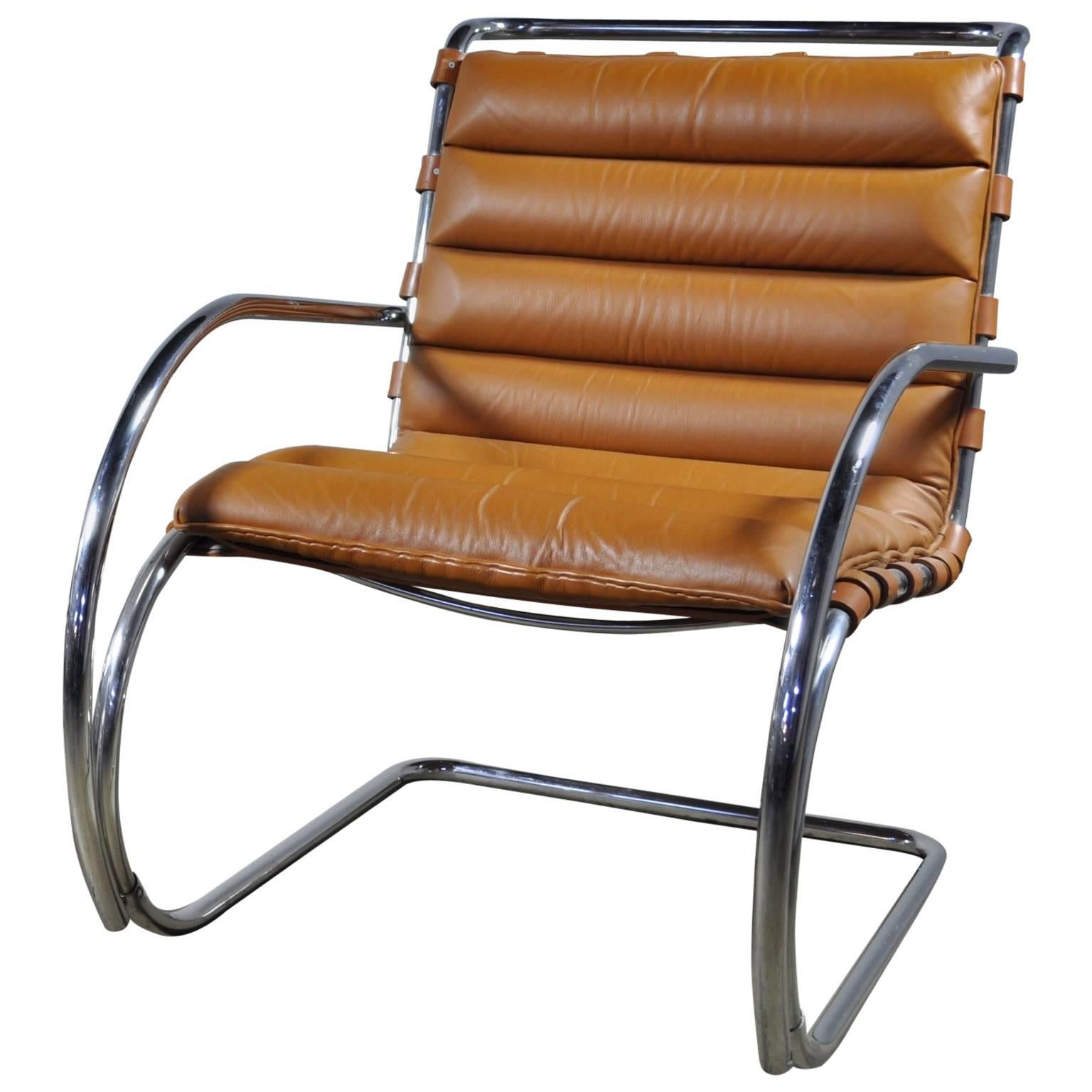 Brown Leather Mies Van Der Rohe MR Lounge Chair by Knoll For Sale