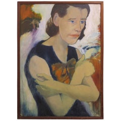 Vintage Mid-Century Modernist Portrait Painting of a Woman