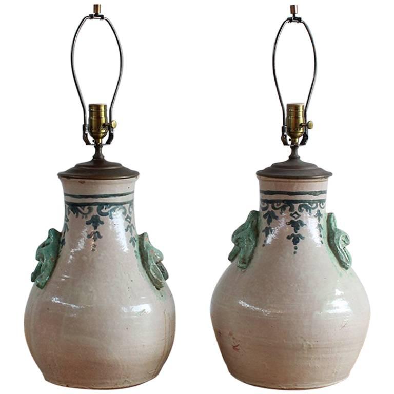 Pair of Ceramic Lamps with Celadon Glazed Embellishments and Blue Details
