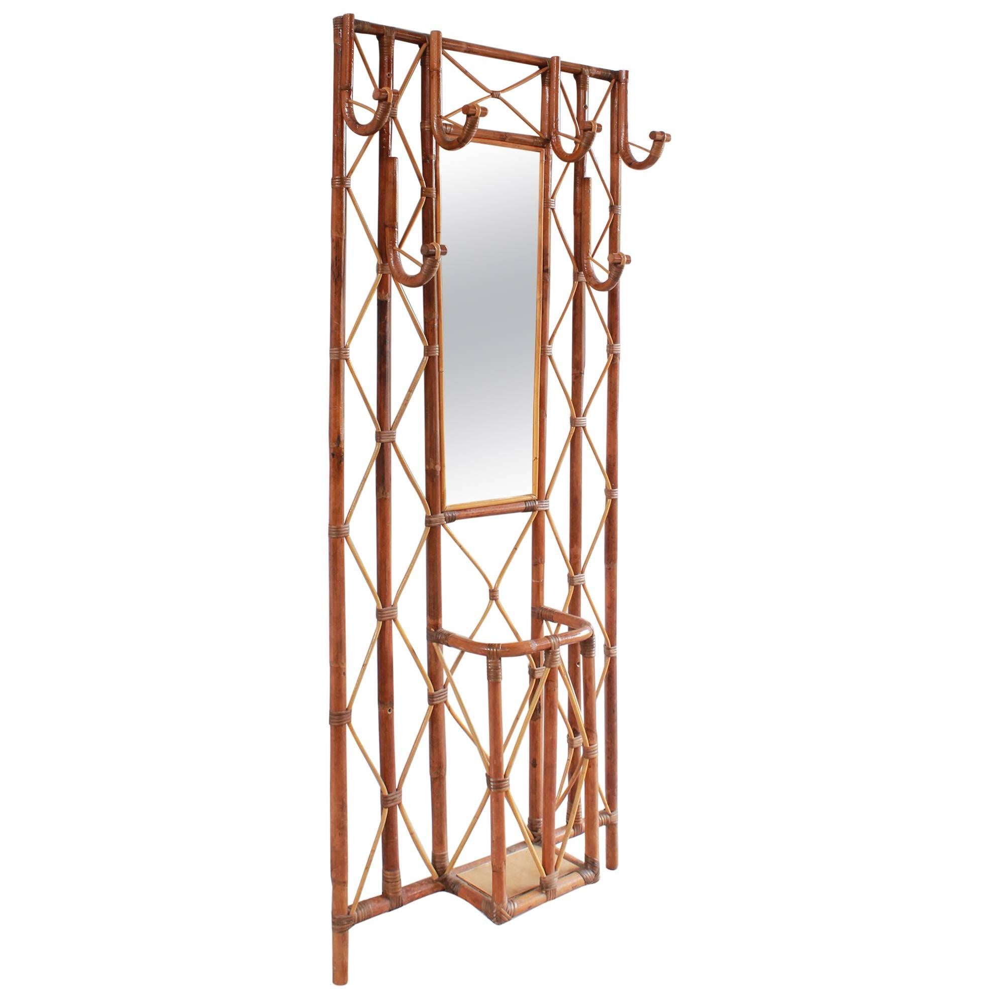French Bamboo Tree Coat Rack with Built in Mirror and Umbrella Stand