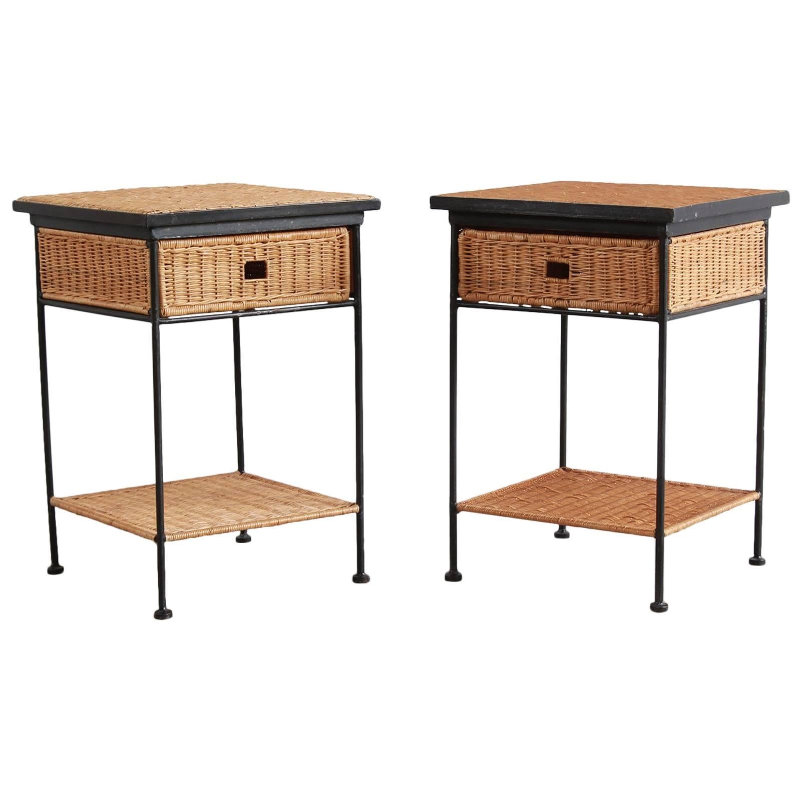 Pair of Iron and Wicker Side Tables