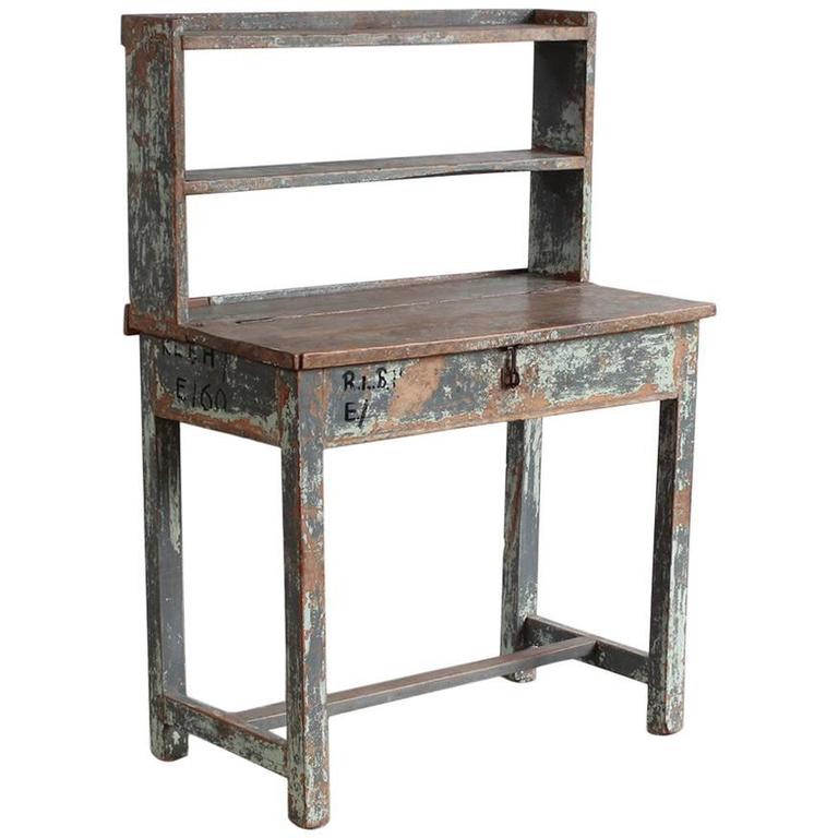 Rustic Painted Work Table with Upper Shelves and Hidden ...