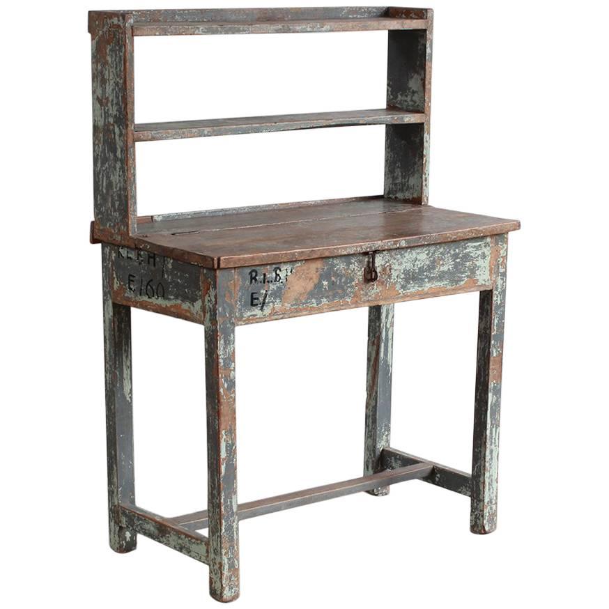 Rustic Painted Work Table with Upper Shelves and Hidden Compartment