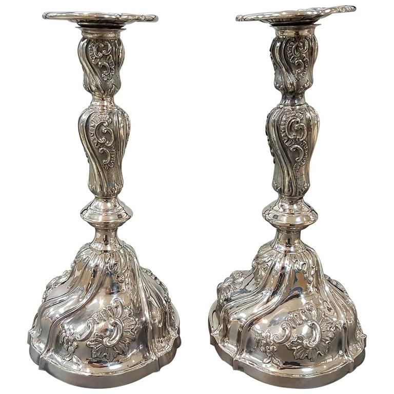 20th Century Pair of Italian Silver Candlesticks Torretta fron Genoa