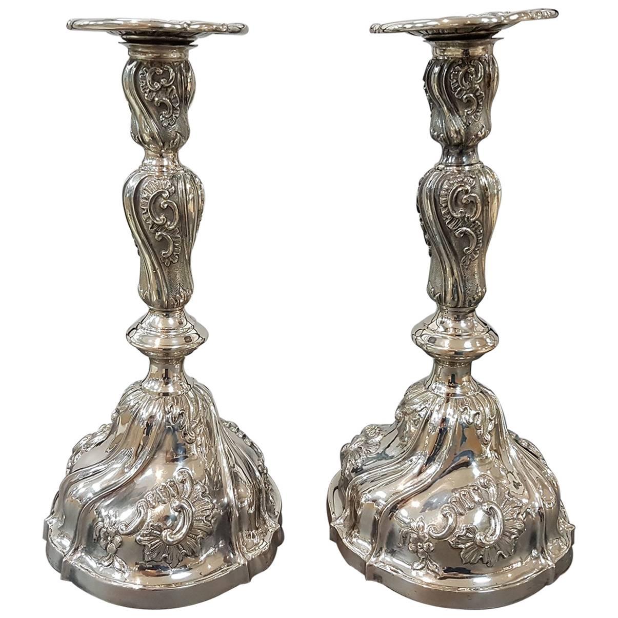 20th Century Pair of Italian Silver Candlesticks Torretta fron Genoa revival For Sale