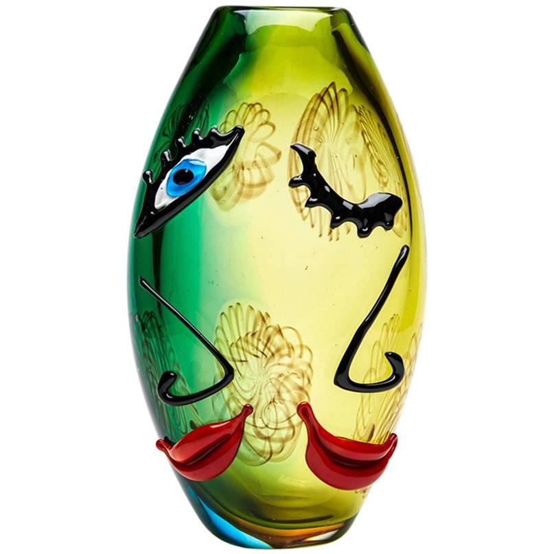 Abstract Murano Glass Face Vase Signed Mario Badioli, circa 1980