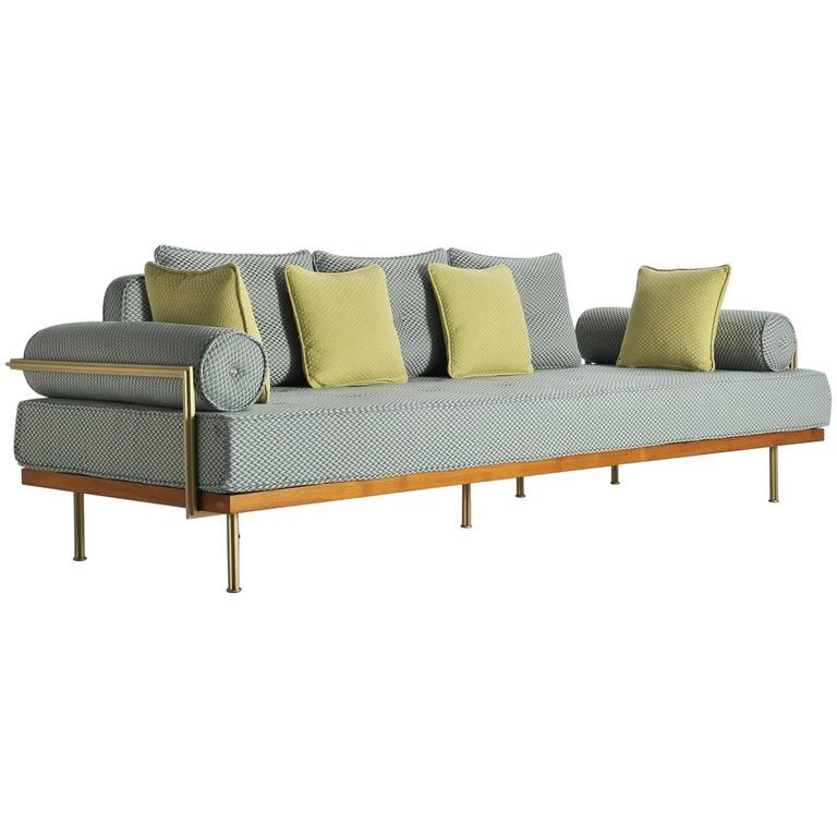 mid-century modern style sofa, reclaimed teak, brass frames,p mid-century modern style sofa, reclaimed teak, brass frames,p