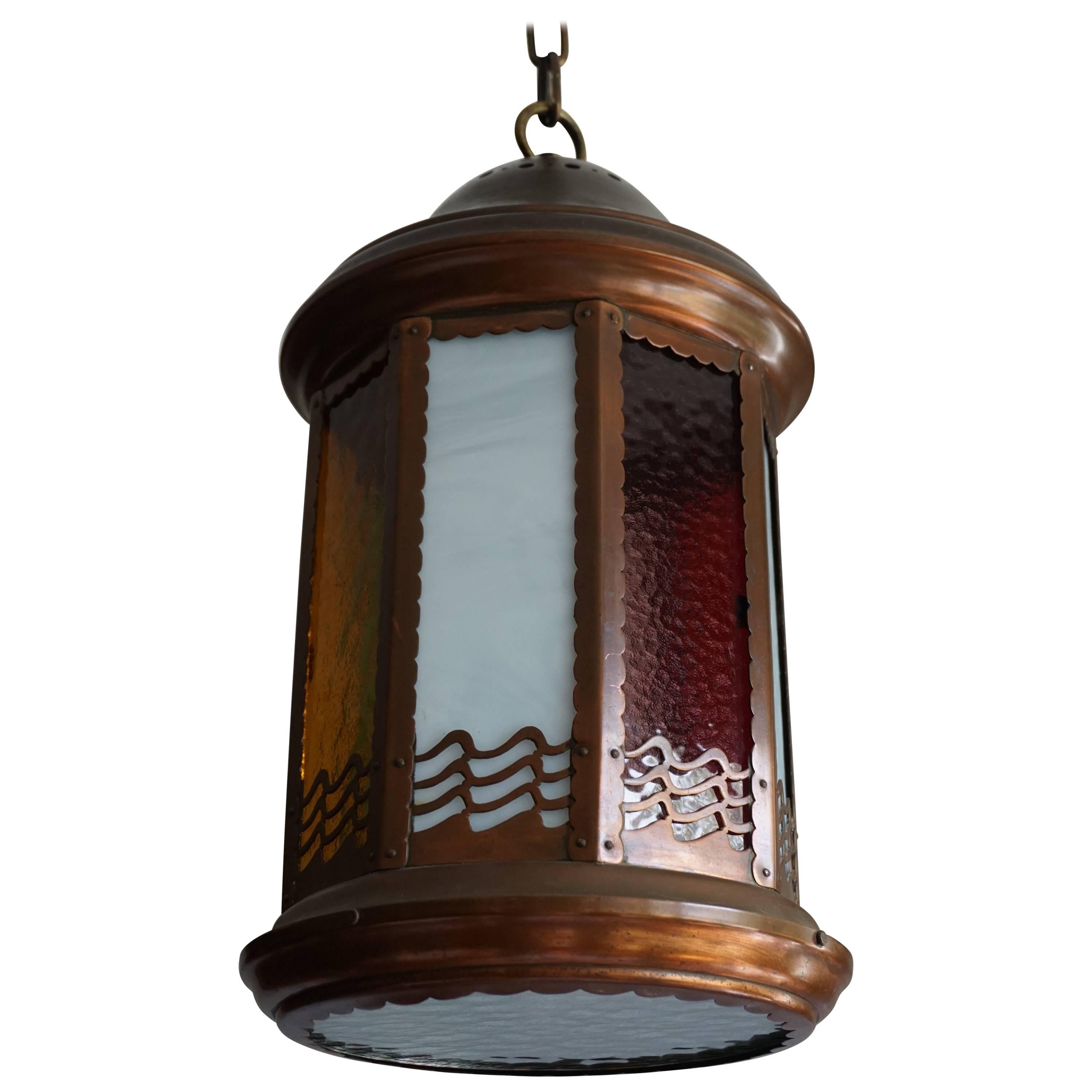 Arts and Crafts Copper and Byzantine Glass Pendant Light / Unique Hall Lantern