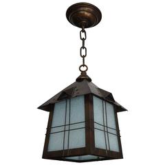 All Original Arts and Crafts Lantern Shape Pendant with Opalescent Blue Glass 4