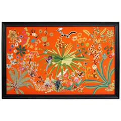 Large 1950s Appliqué Embroidery of Birds, Flowers & Animals on Orange Background