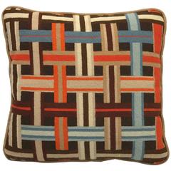 1960s Orange and Brown Geometric Basket Weave Needlepoint Pillow