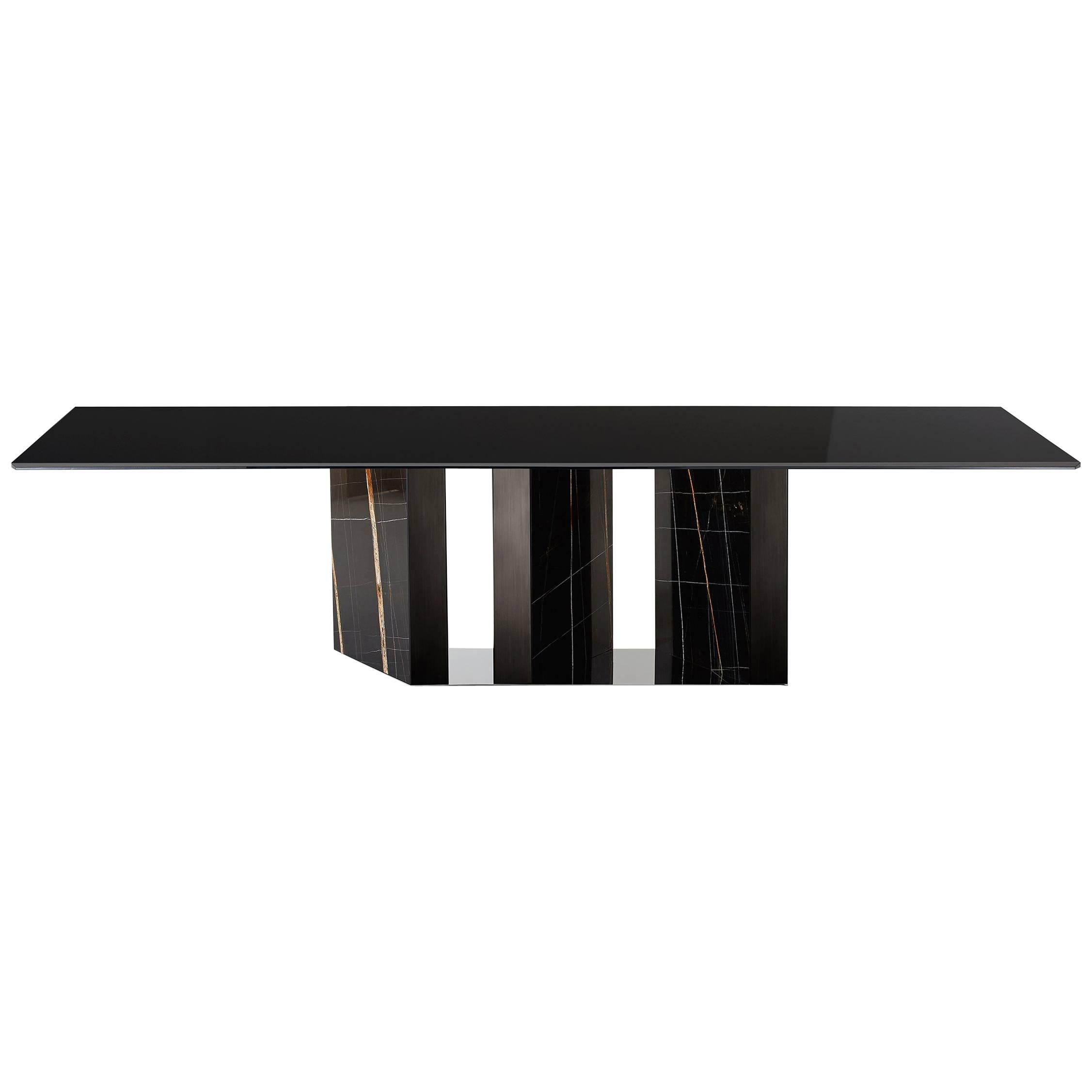 Platium Dining Table with Lacquered Glass Top and Marble Base For Sale