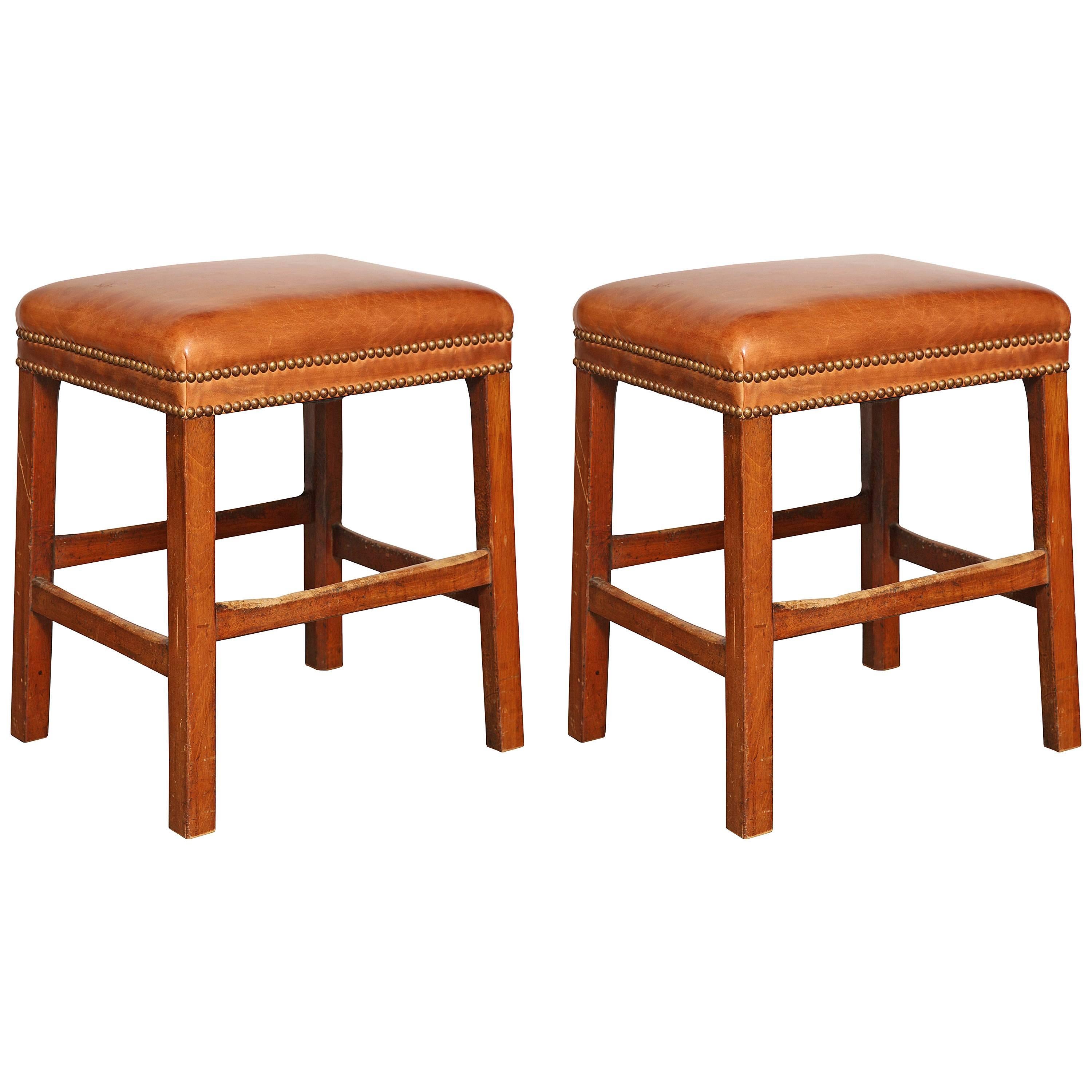 Pair of Antique Stools with Leather Seats