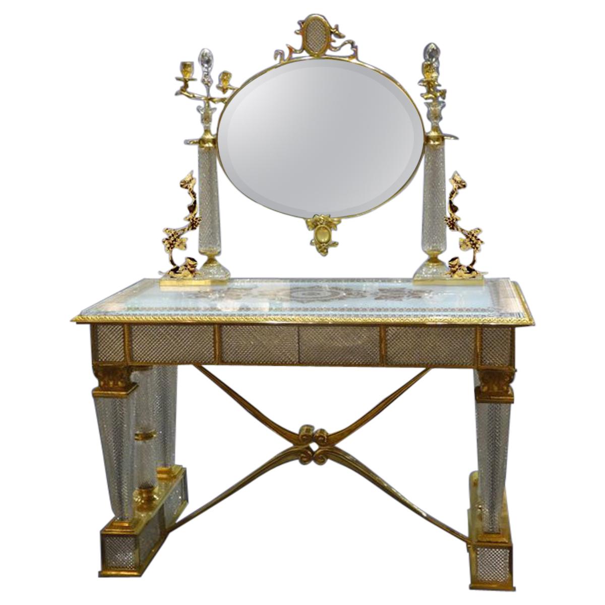 Contemporary Crystal Toilet Table, With Bronze Covered With 22-Carat Gold