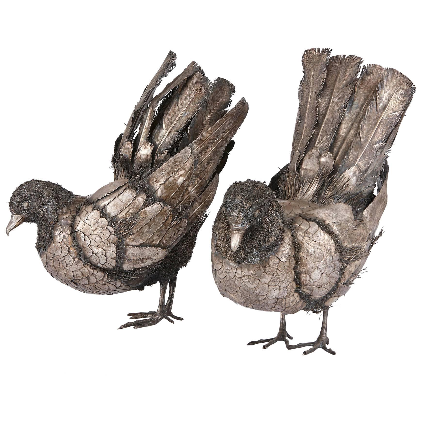 Pair of Silver Models of Birds in the Style of Buccellati