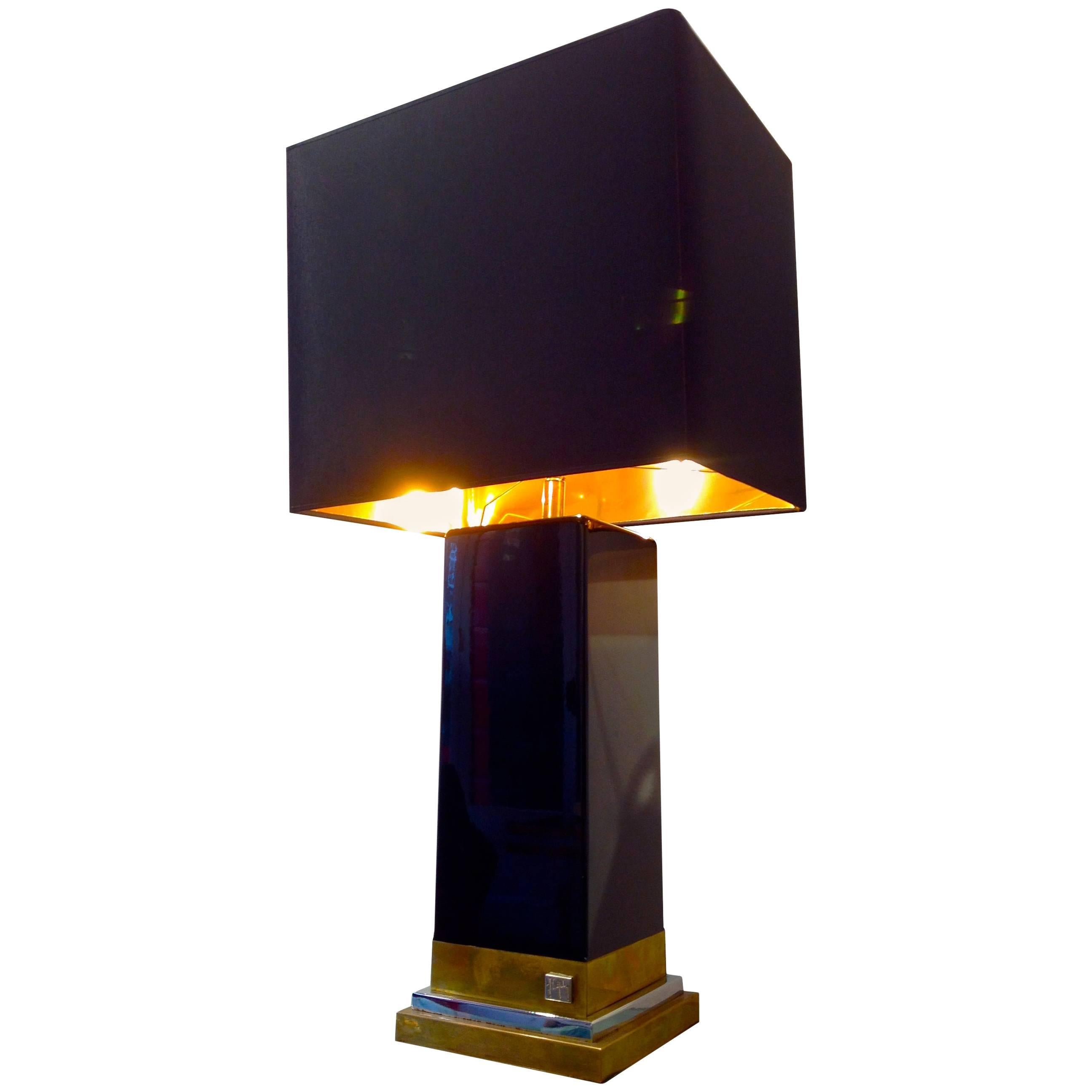 Lampe von Claude Mahey aus schwarzem Lack, Messing und Chrom im Angebot
