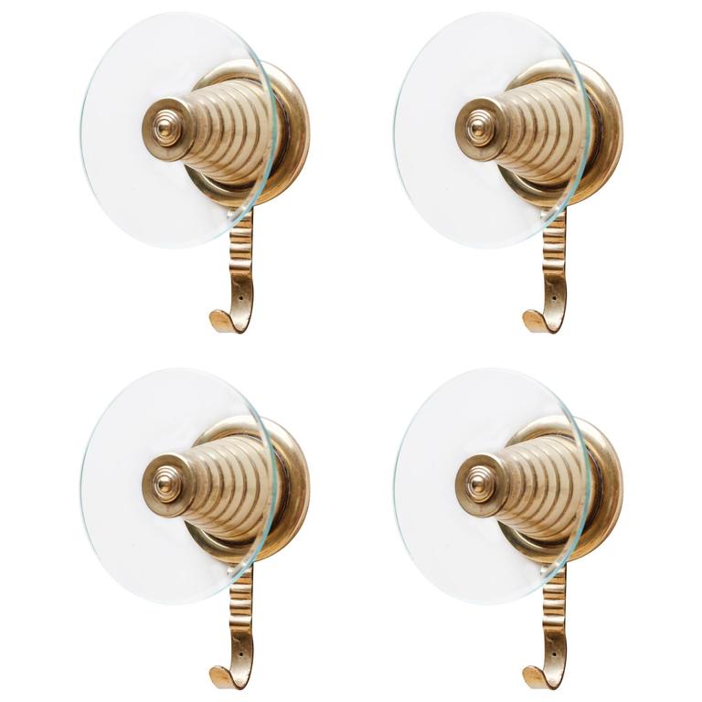 Set of Four Italian Brass and Glass Wall Mounted Coat Hooks at 1stDibs