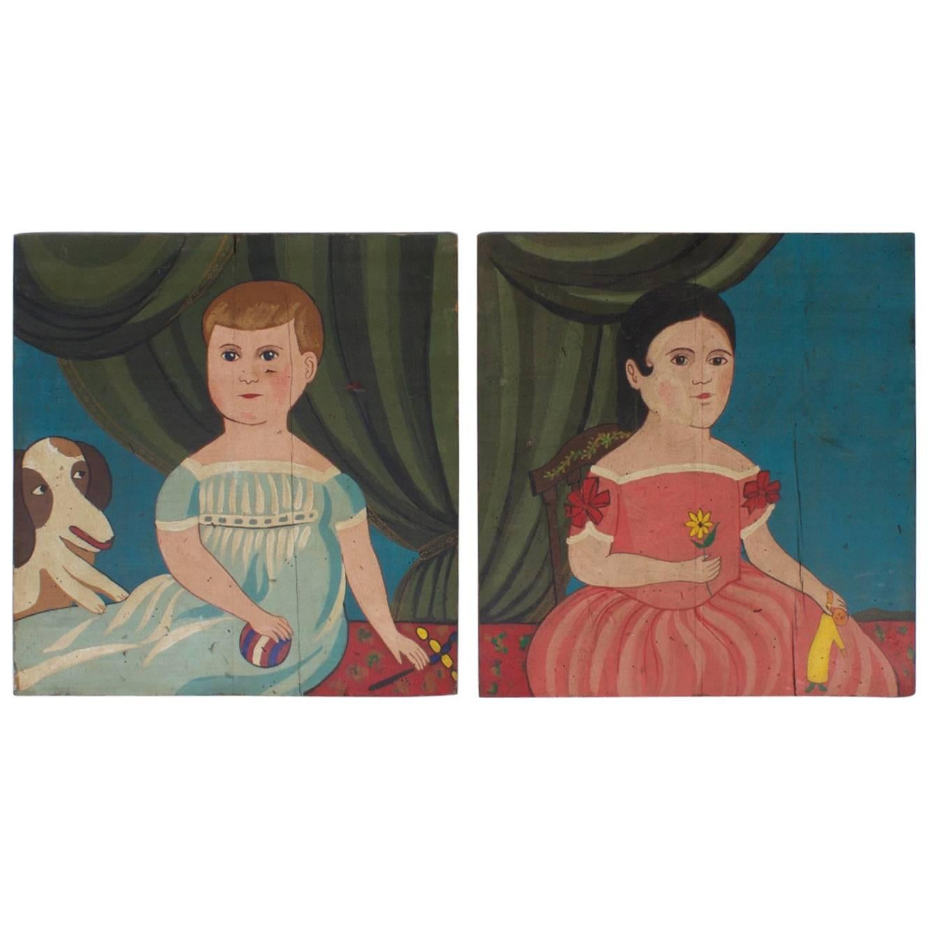 Pair of Primitive Folky Oil Paintings on Board of Children by Karl Mann