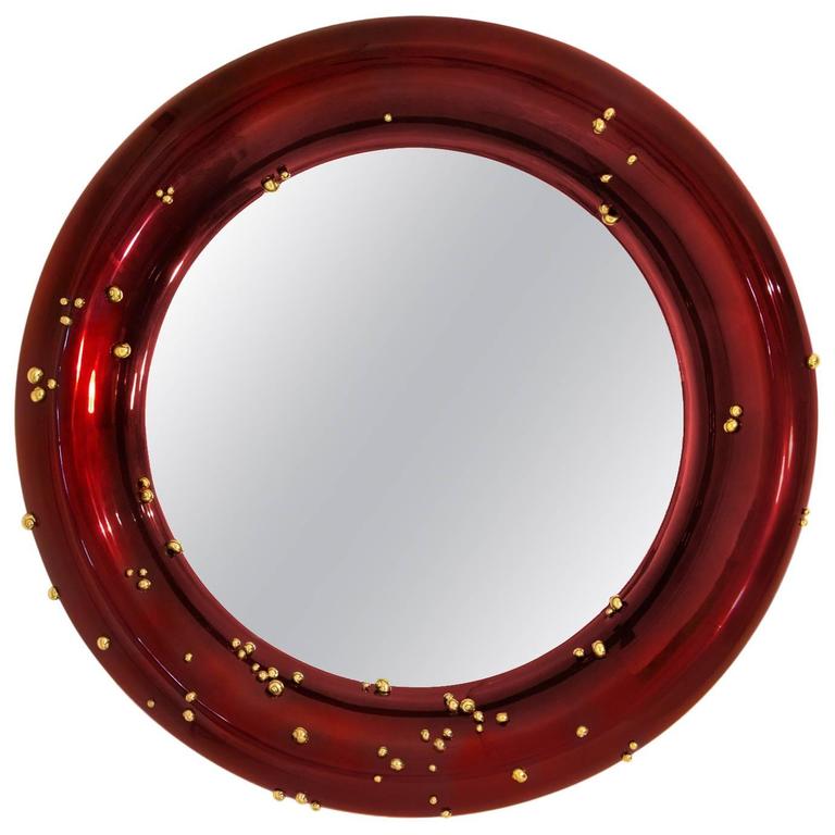 Red Mirror with Black and Red Glossy Varnished and Golded Snails For