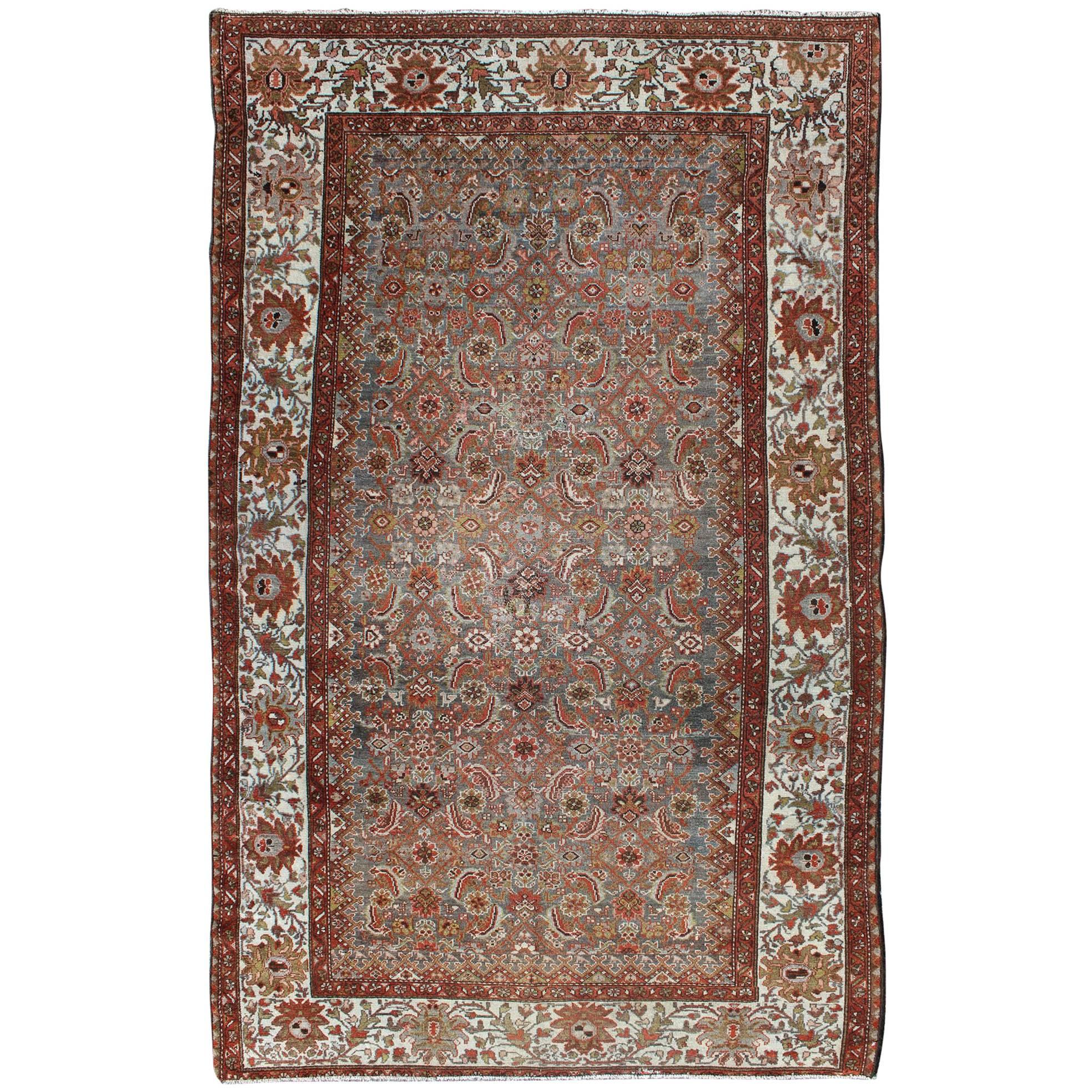 Antique Persian Malayer Rug with Gray, Light Blue, Red and Taupe