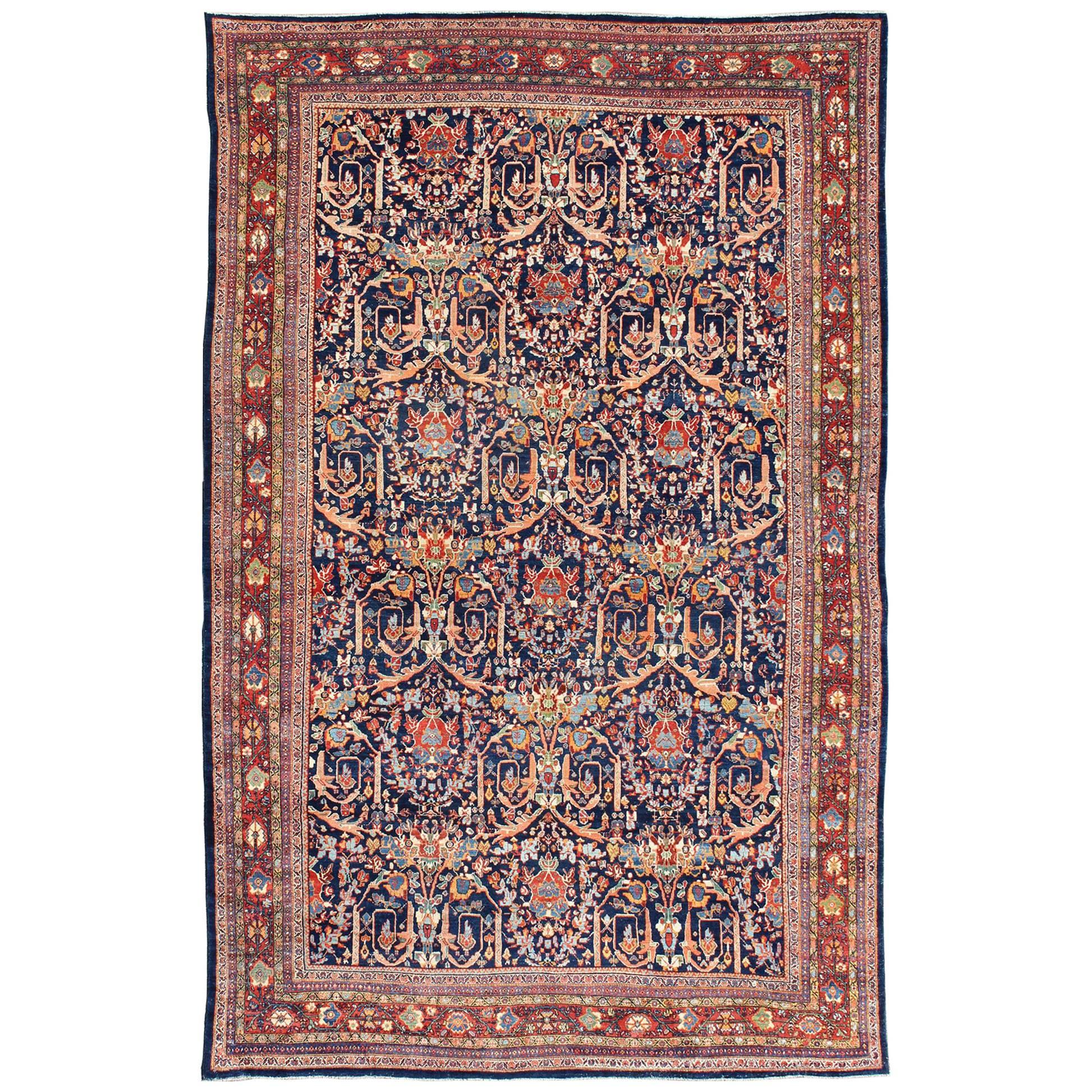 Large Antique Persian Sultanabad Rug in Blue Background & Multi Colors