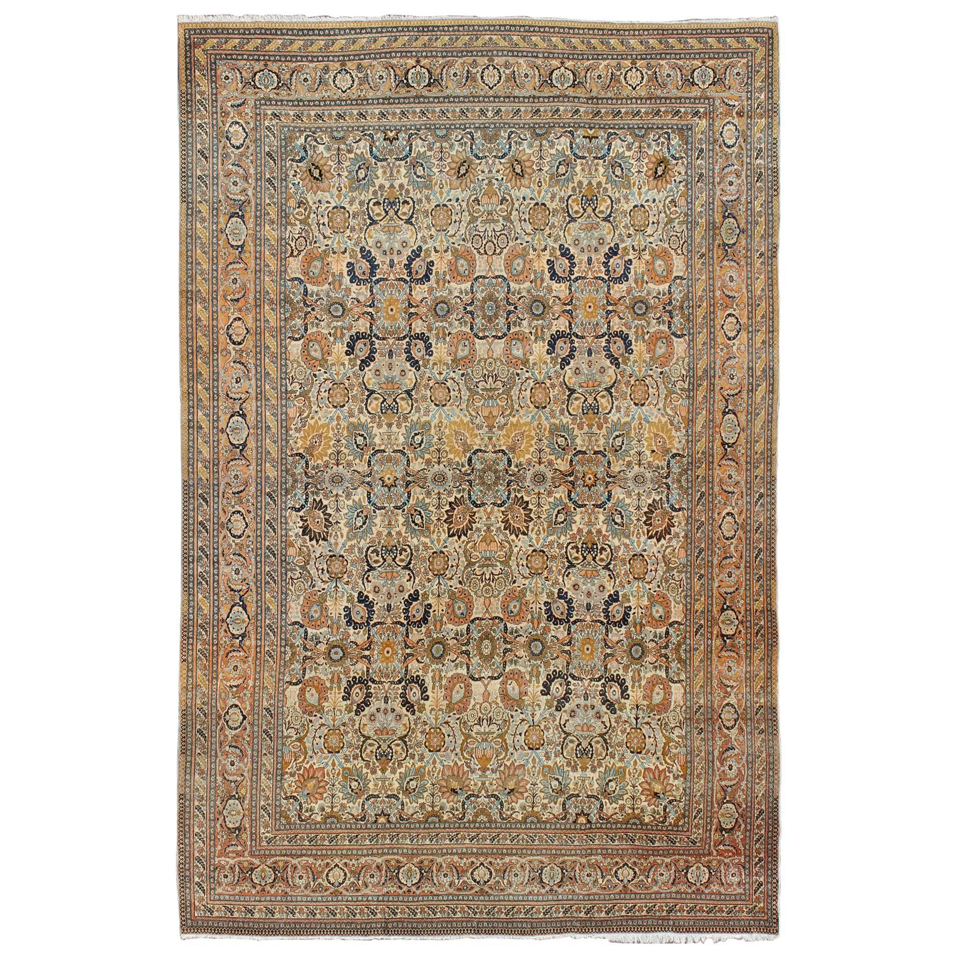 Very Fine colorful Antique Persian Tabriz Haj Jalili Rug in Ivory Background For Sale