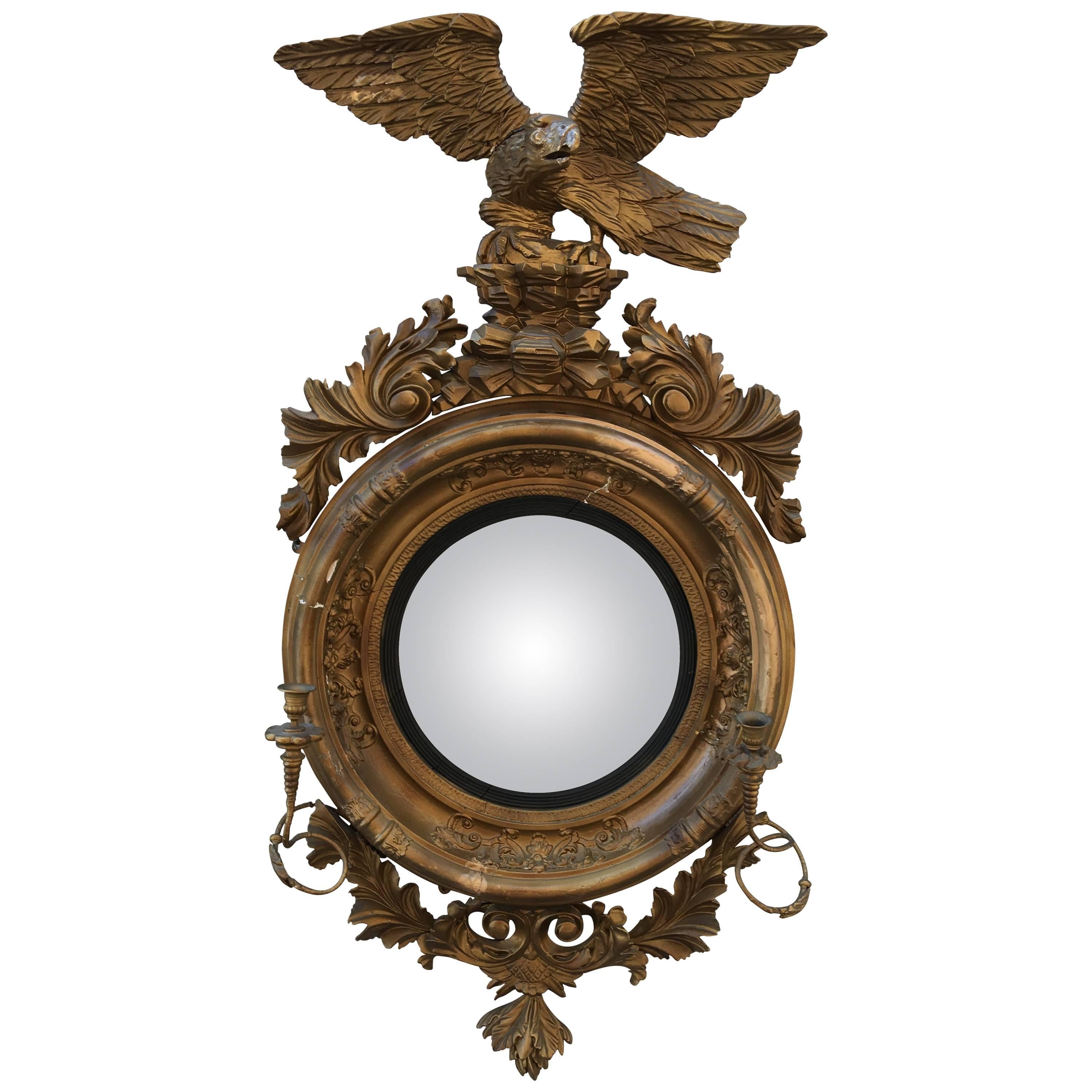 English Convex Mirror with Large Eagle and Candelabra Arms, circa 1850