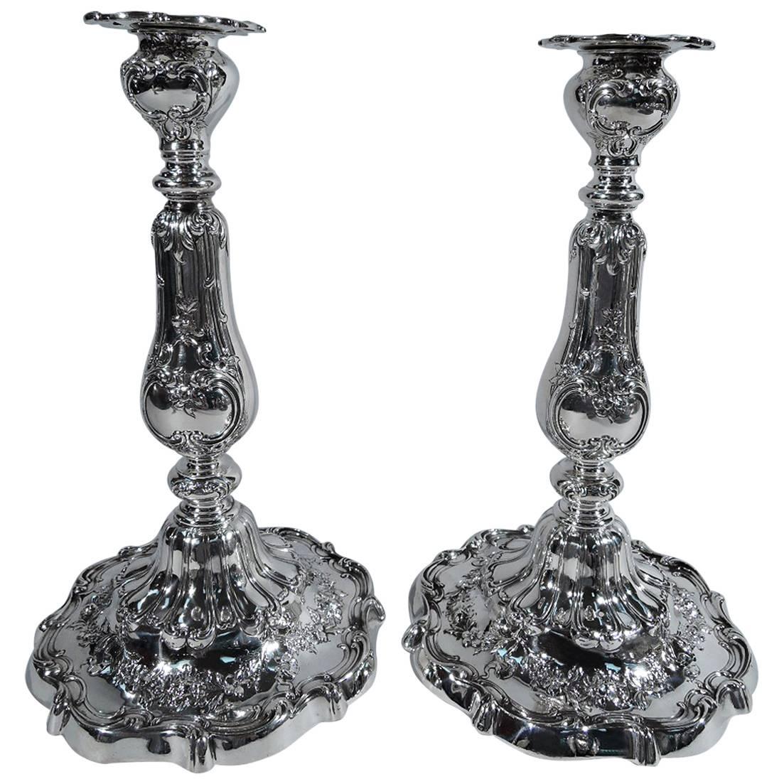 Pair of Fancy Edwardian Sterling Silver Candlesticks by Gorham