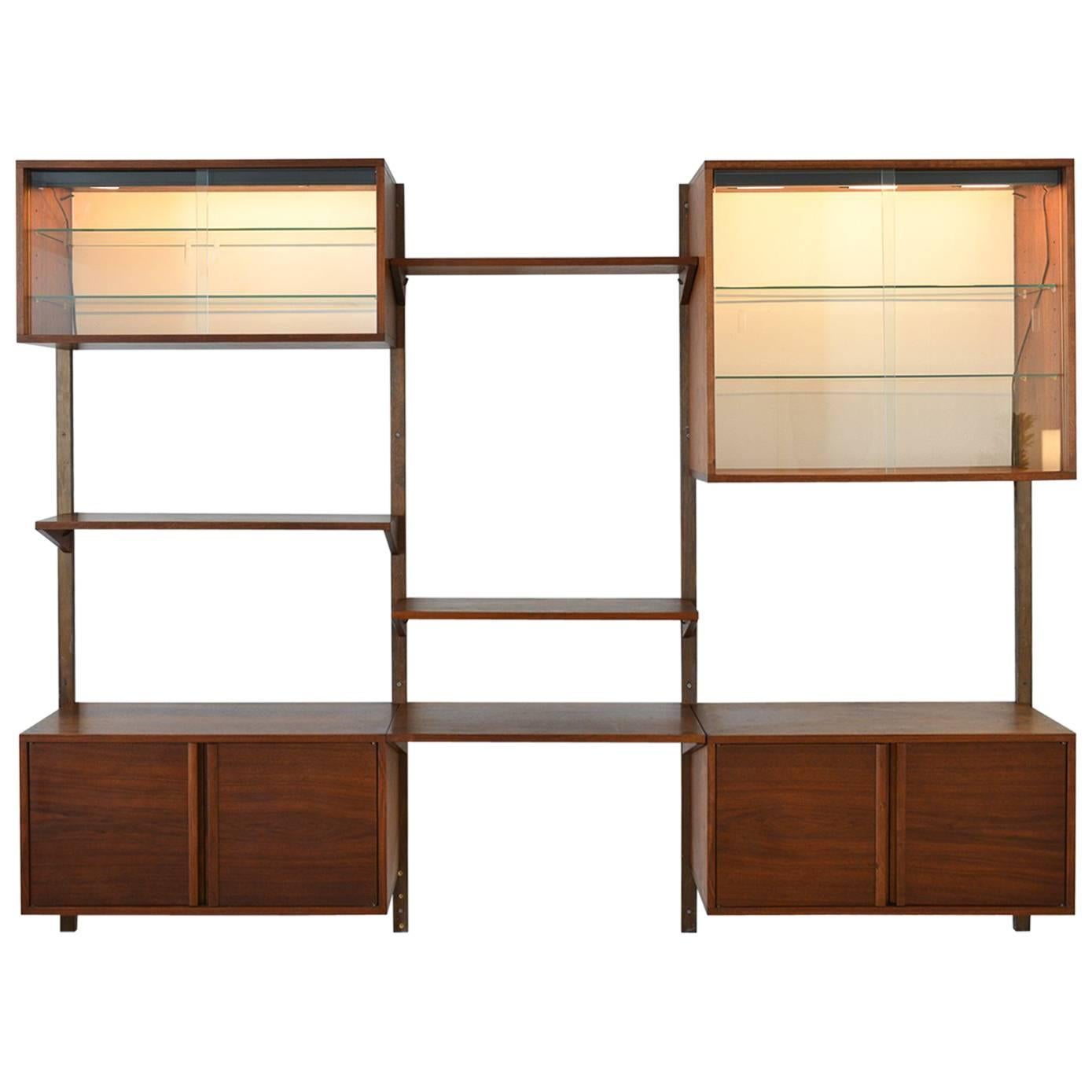 Walnut 3 Bay Wall Unit with Lighted Cabinets, circa 1970