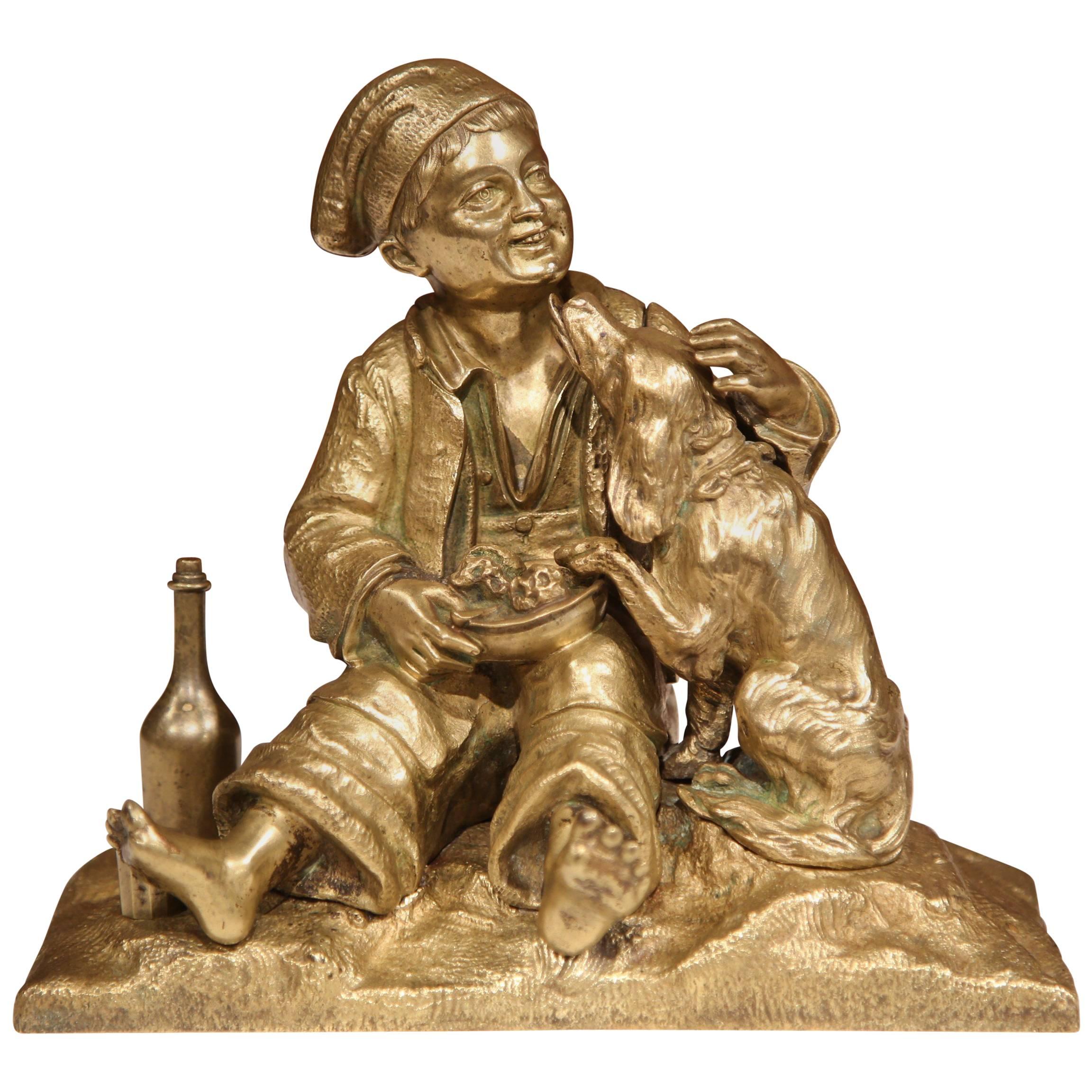 19th Century French Patinated Bronze Sculpture with Young Boy and Dog