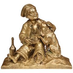 Antique 19th Century French Patinated Bronze Sculpture with Young Boy and Dog