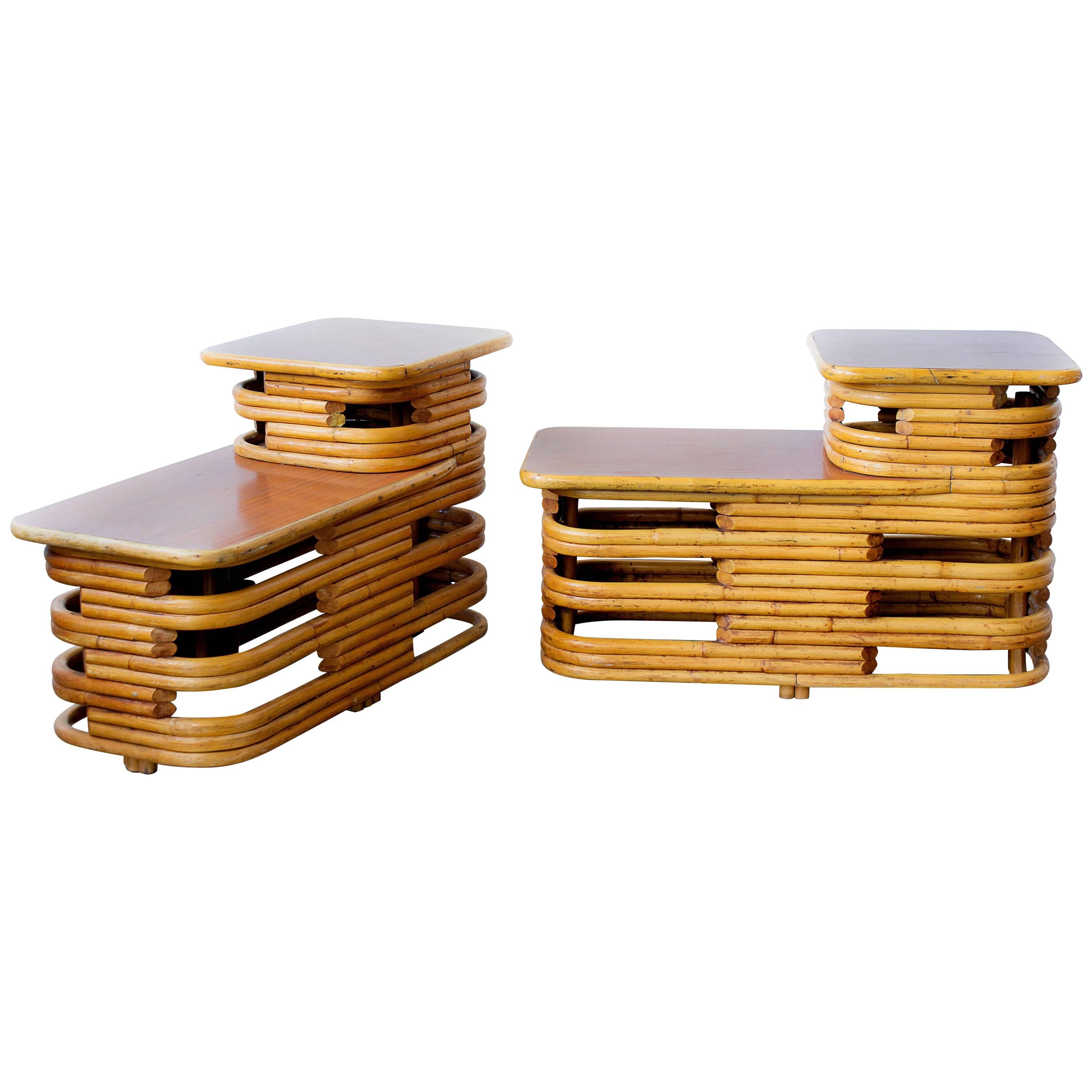 Pair of Paul Frankl Style Stacked Rattan Side Tables