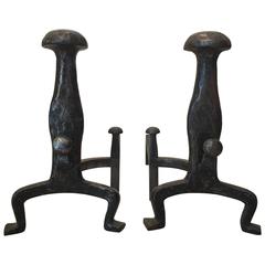 19th Century Brutal Steel Hammered Andirons, Pair