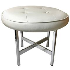 Polished Chrome Upholstered Ottoman in White Naugahyde