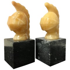 Pair of Alabaster and Marble Italian Trojan Helmet Bookends