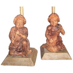 Pair of Carved Troubadour or Musicians Now Mounted as Lamps