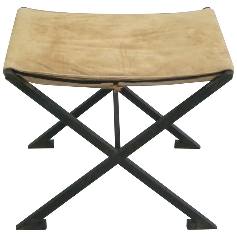 Pair of French Modern Neoclassical X-Frame Iron and Leather Stools Raymond Subes For Sale