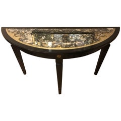 Églomisé Framed Glass Top Demilune Console Table Ebonized Base by Maison Jansen