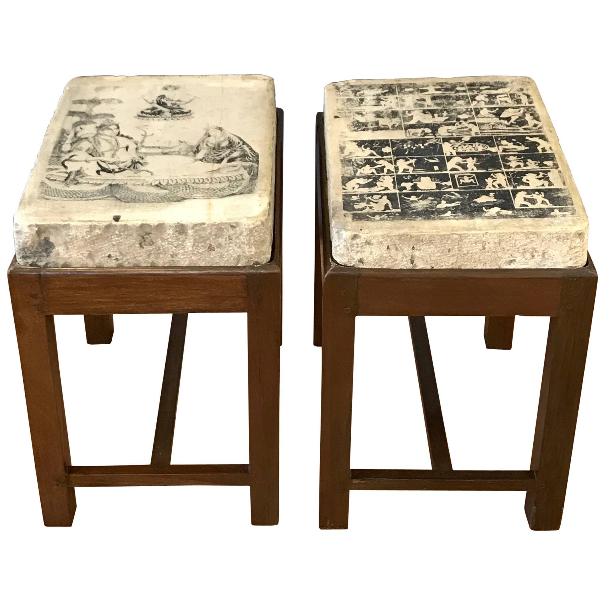 Lithography Stone Top and Mahogany Base End Tables
